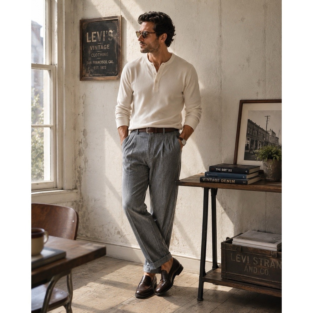 LEVI'S MADE & CRAFTED Porter Tailored Chino Pleated Pants 34x28 Herringbone Gray